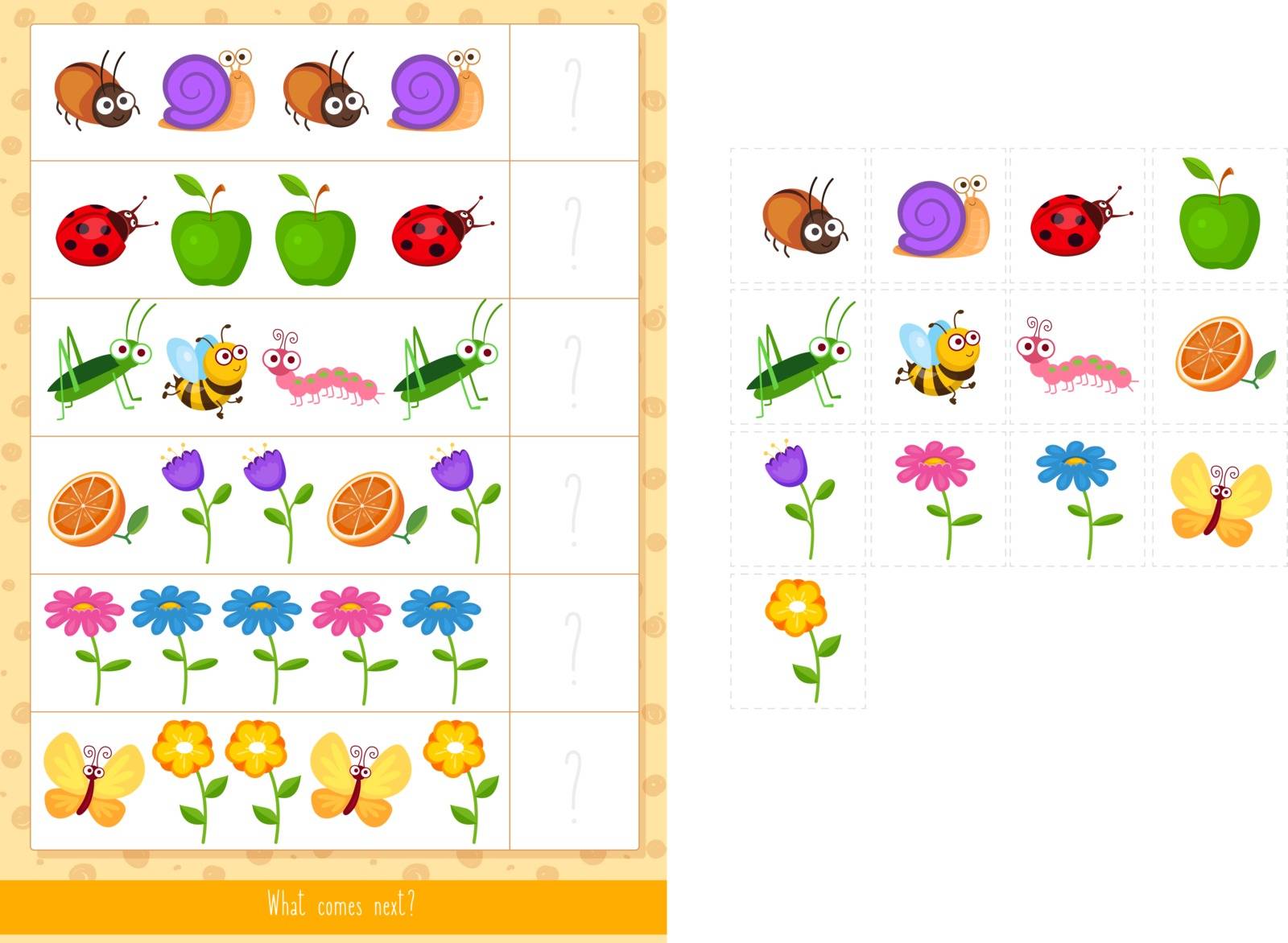Educational children game, vector illustration. Logic game. What comes next