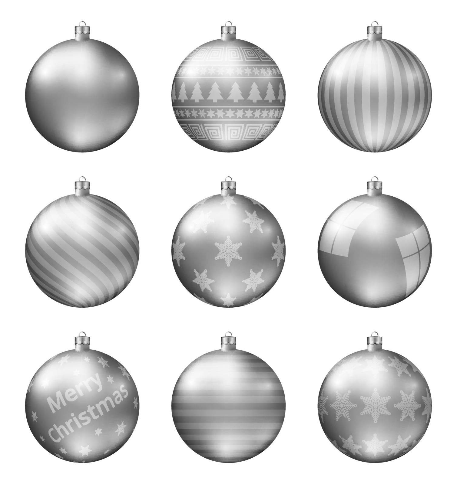 Silver christmas balls isolated on white background. Photorealistic high quality vector set of christmas baubles. Different pattern.