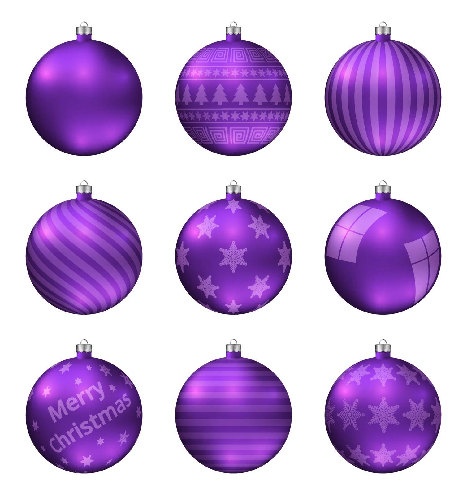 Violet christmas balls isolated on white background. Photorealistic high quality vector set of christmas baubles. by vermicule