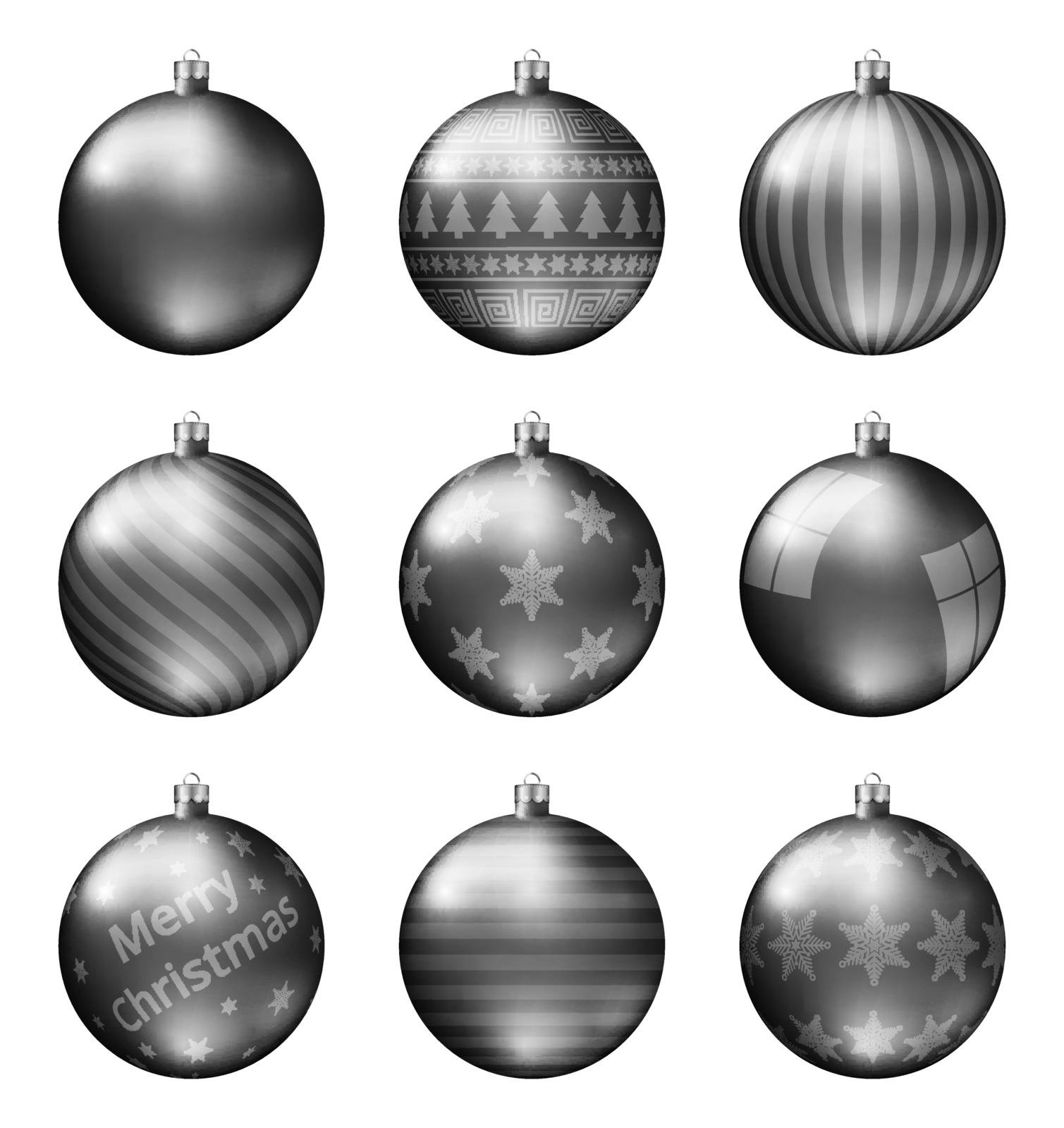 Black christmas balls isolated on white background. Photorealistic high quality vector set of christmas baubles. Different pattern.