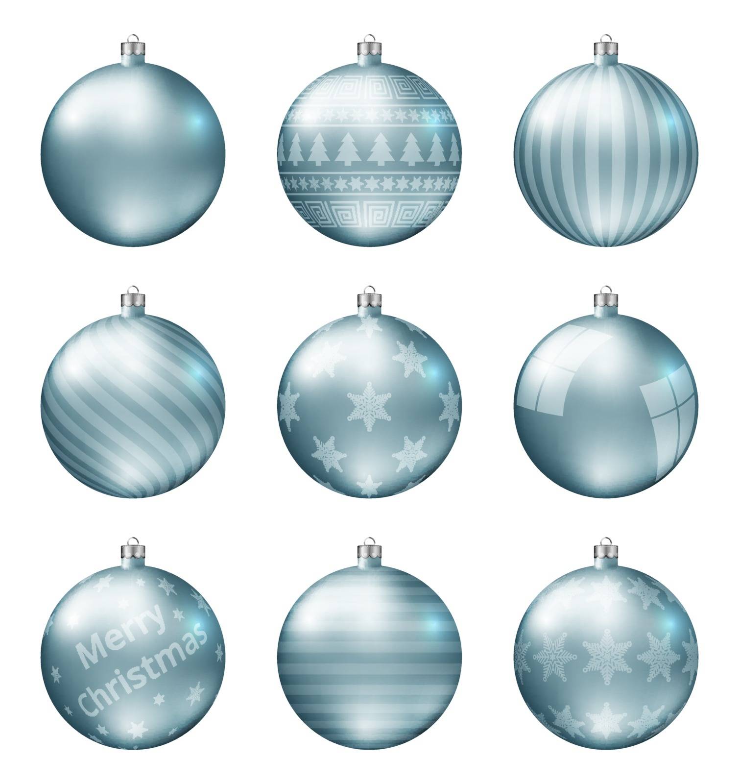 Pastel light blue christmas balls isolated on white background. Photorealistic high quality vector set of christmas baubles. by vermicule