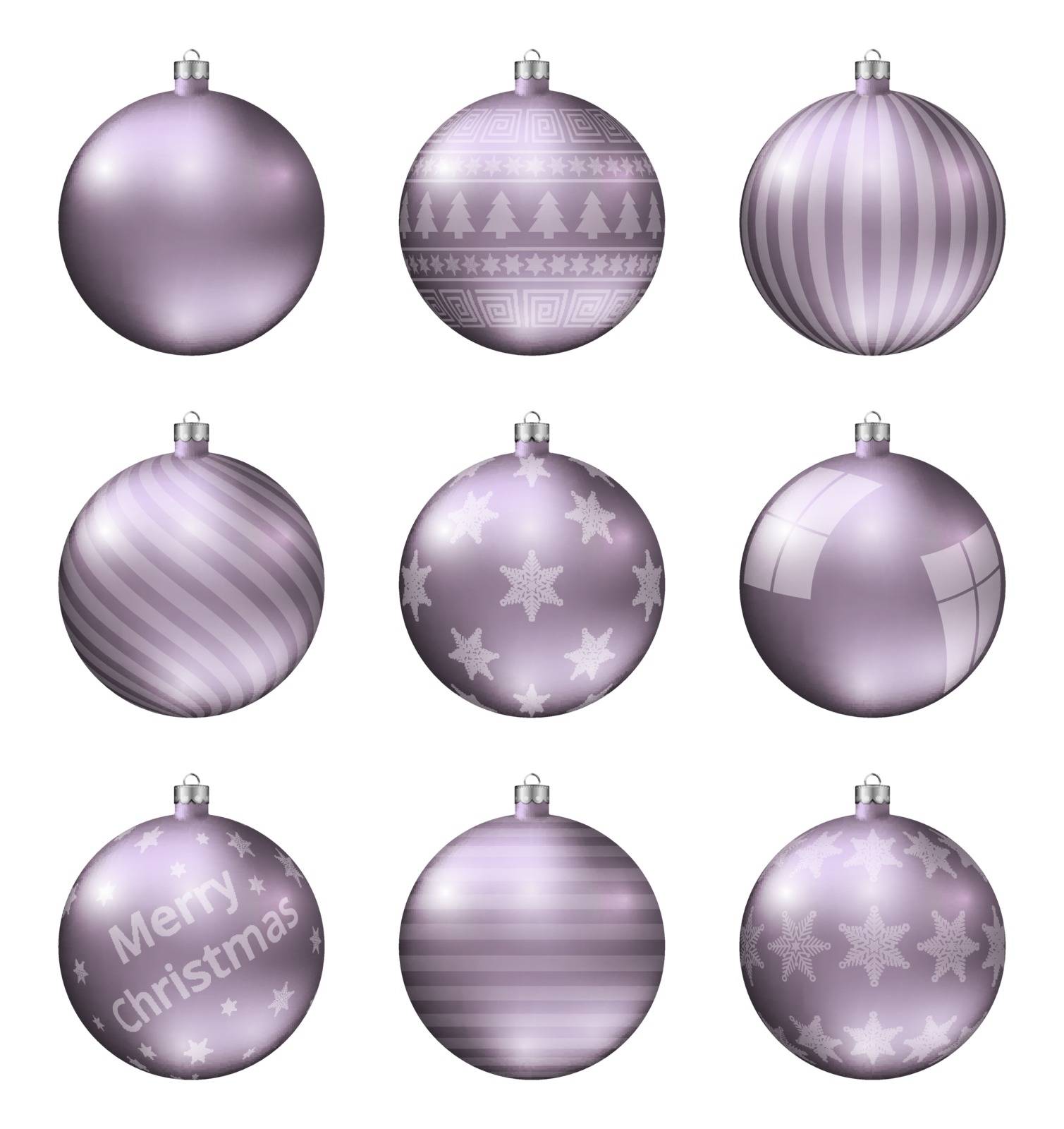 Pastel violet christmas balls isolated on white background. Photorealistic high quality vector set of christmas baubles. Different pattern.