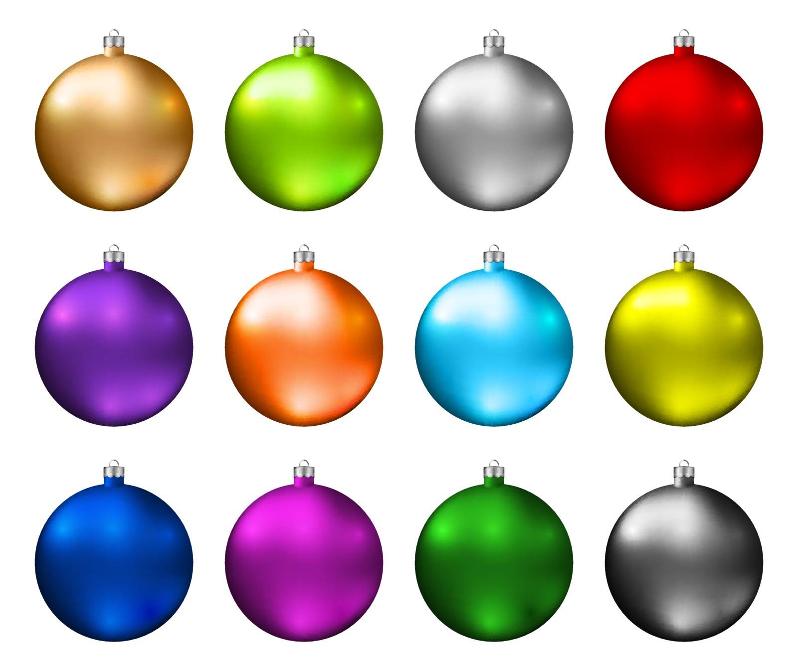 Colorful christmas baubles. Color spectrum of christmas balls isolated on white background. Photorealistic high quality vector. by vermicule