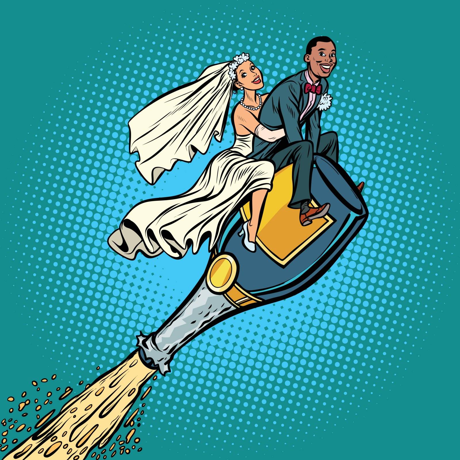 Bride and groom wedding. Inter-ethnic couple. Flying on a bottle of champagne. Comic cartoon pop art retro vector illustration