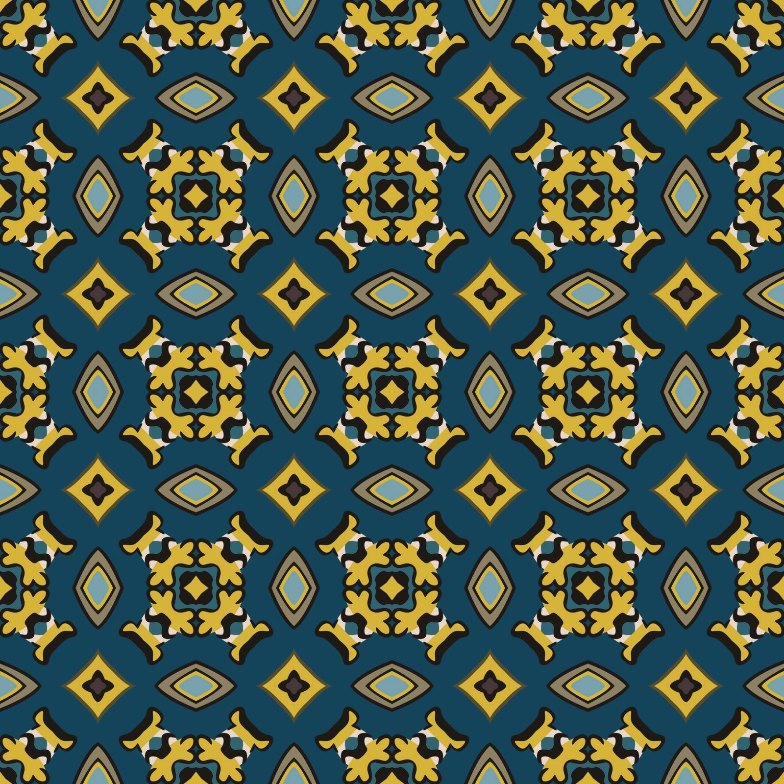 Seamless illustrated pattern made of abstract elements in beige, yellow, blue, gray and black