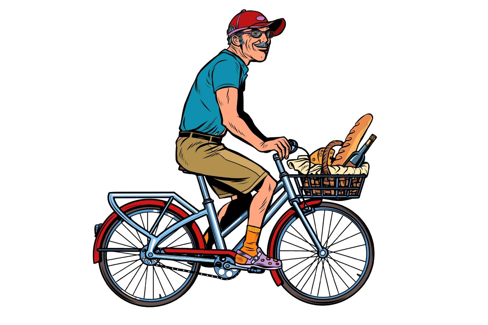 old man on bike with shopping food. Pop art retro vector illustration vintage kitsch