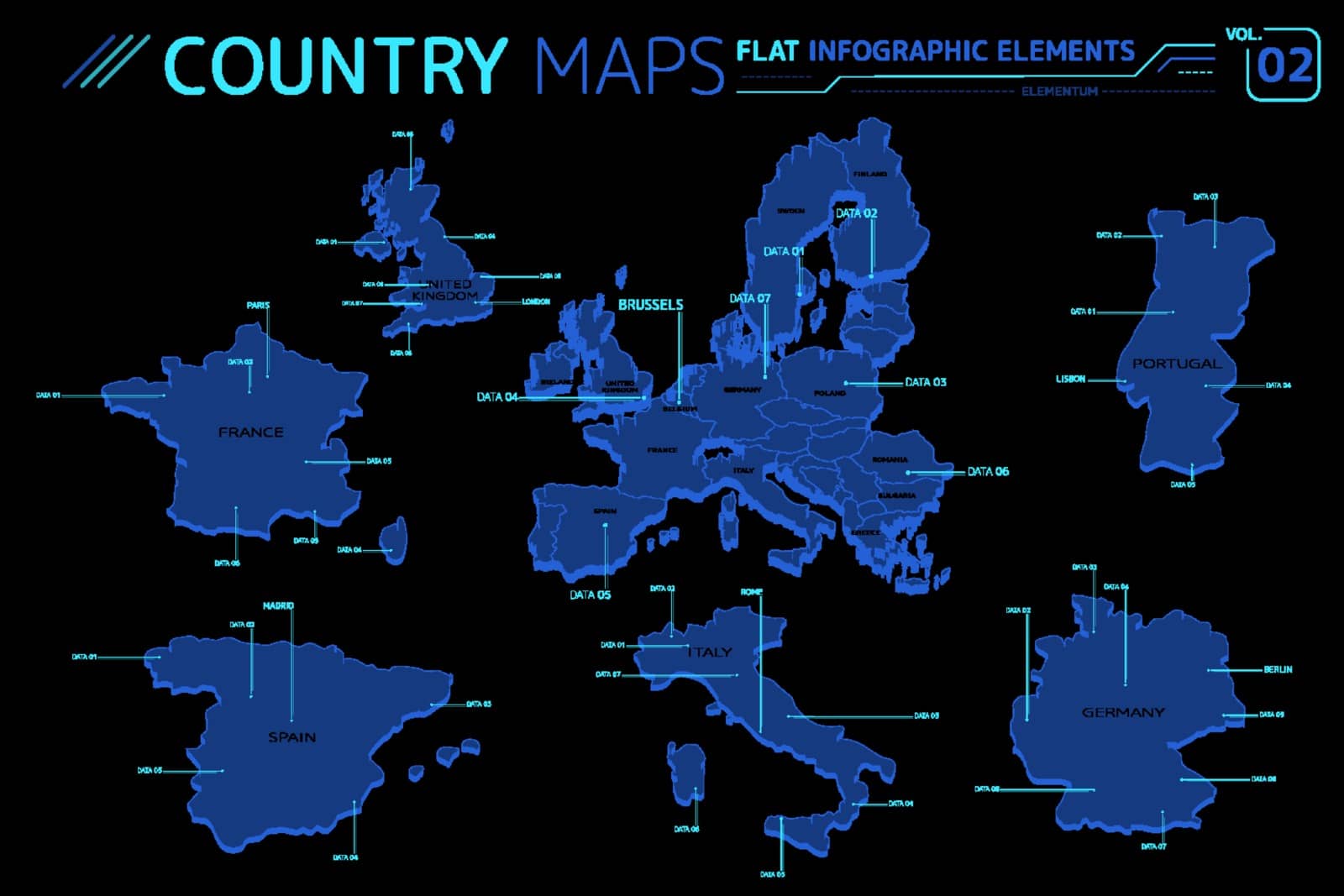 Flat vector maps collection with infographic elements.