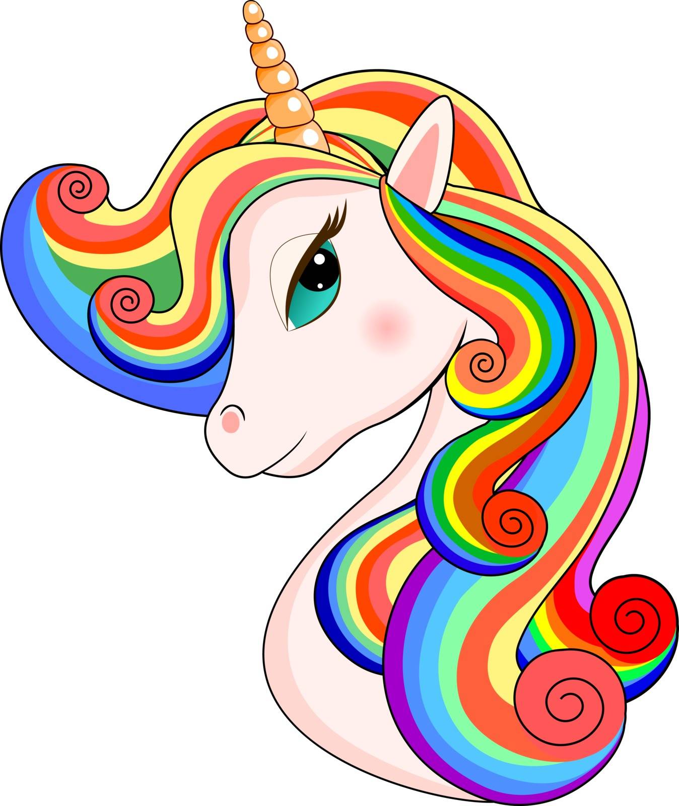 Head of a unicorn with a multi-colored mane on a white background.