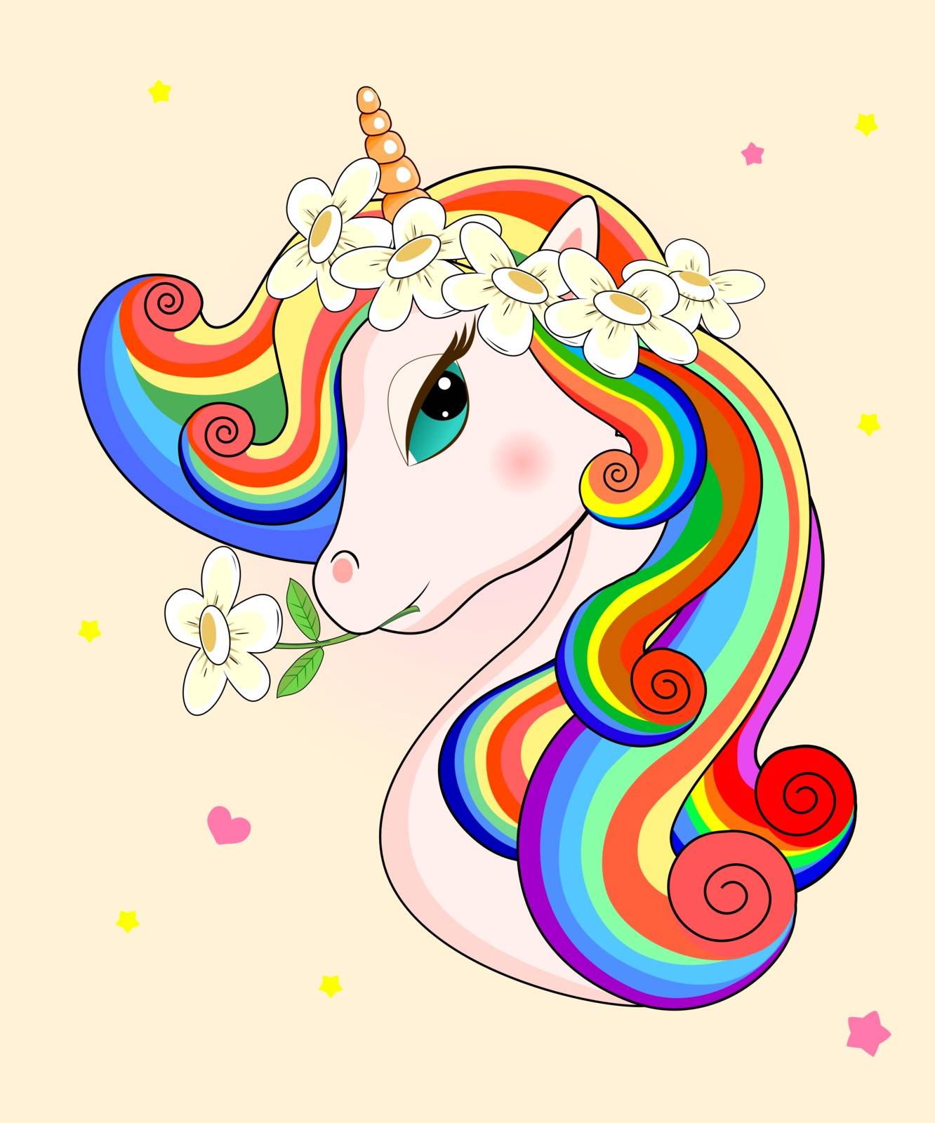 Beautiful unicorn with flowers on his head on a beige background. Head of a unicorn with a multi-colored mane.
