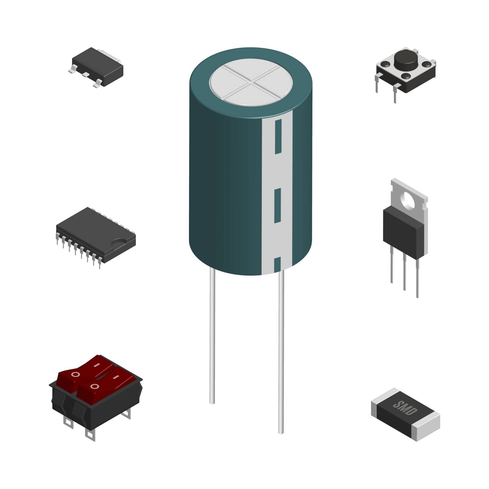 Set of different active and passive electronic components isolated on white background. Resistor, capacitor, diode, microcircuit, fuse and button. 3D isometric style, vector illustration.