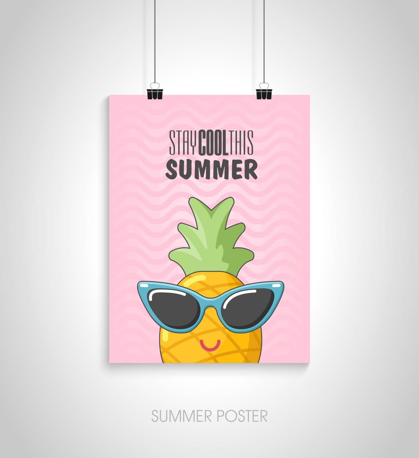 Summer flyer card with sunglasses and pineapple. Stay cool this summer. Journal cards. Vector illustrations for t-shirt, poster prints. Holiday, travel, vacation theme