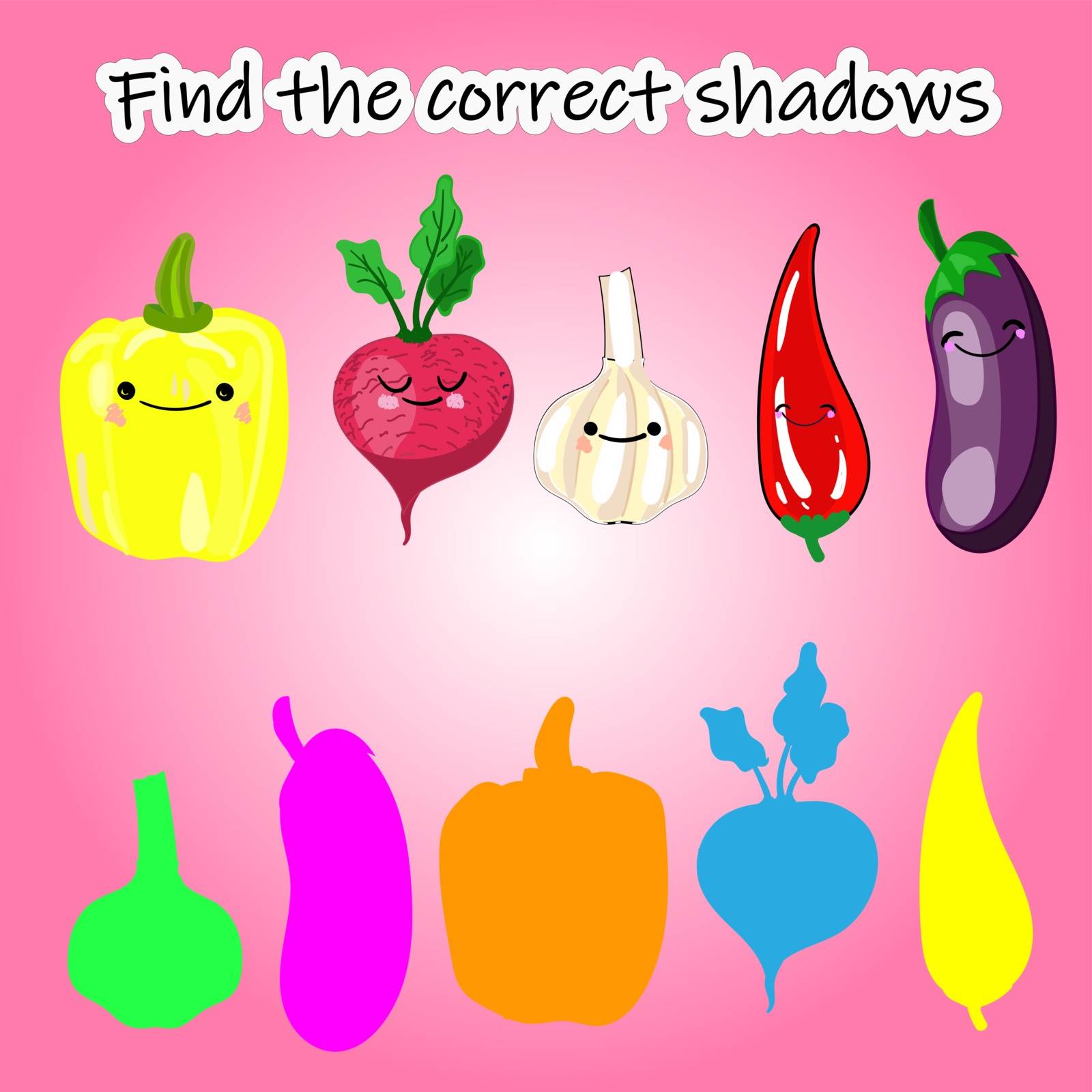 Find the right shade of vegetable. Educational game for children. Find the right shadow. Kids activity with cartoon vegetables... by annatarankova