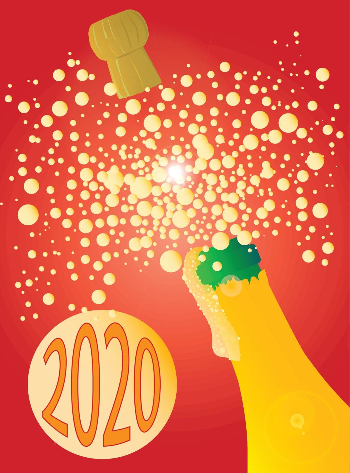 A New Year champagne bottle being opened with froth and bubbles with a large bubble exclaiming 2020