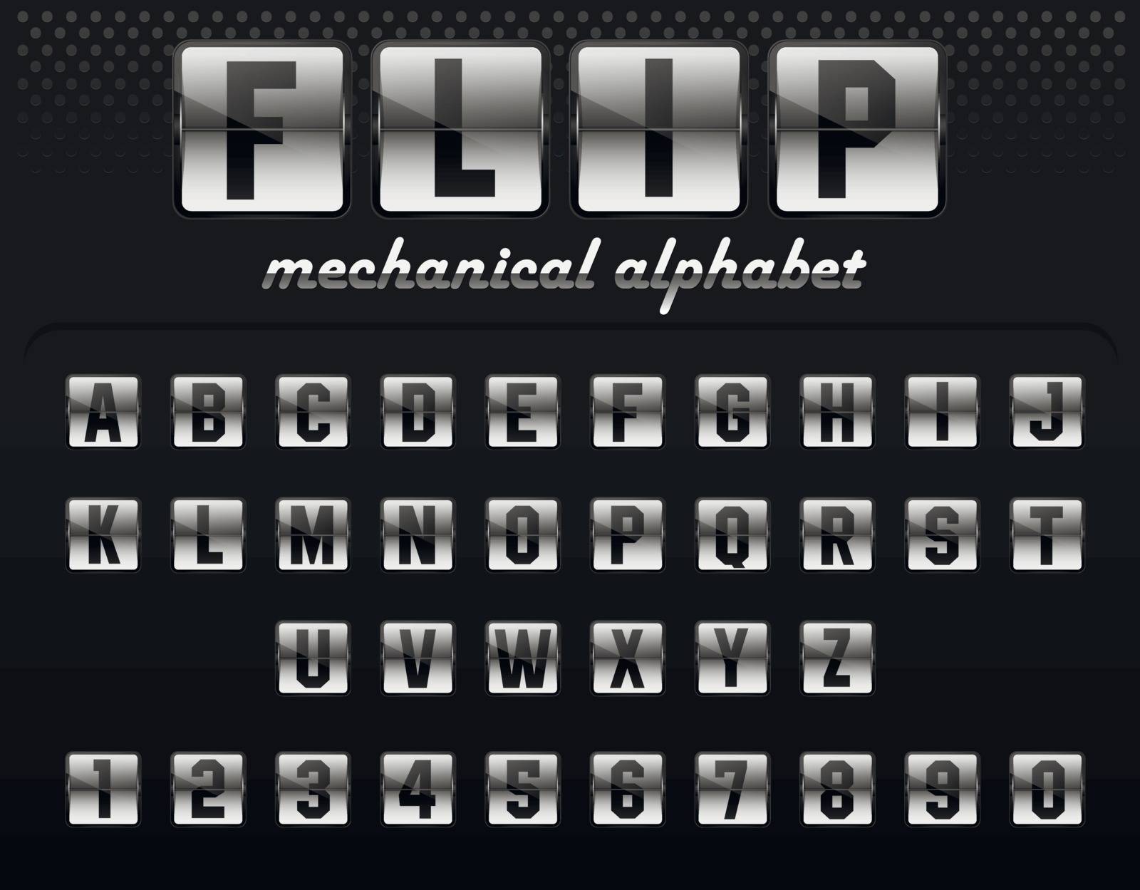 Flip board font set, mechanical display design. Vector flip alphabet illustration isolated on black background