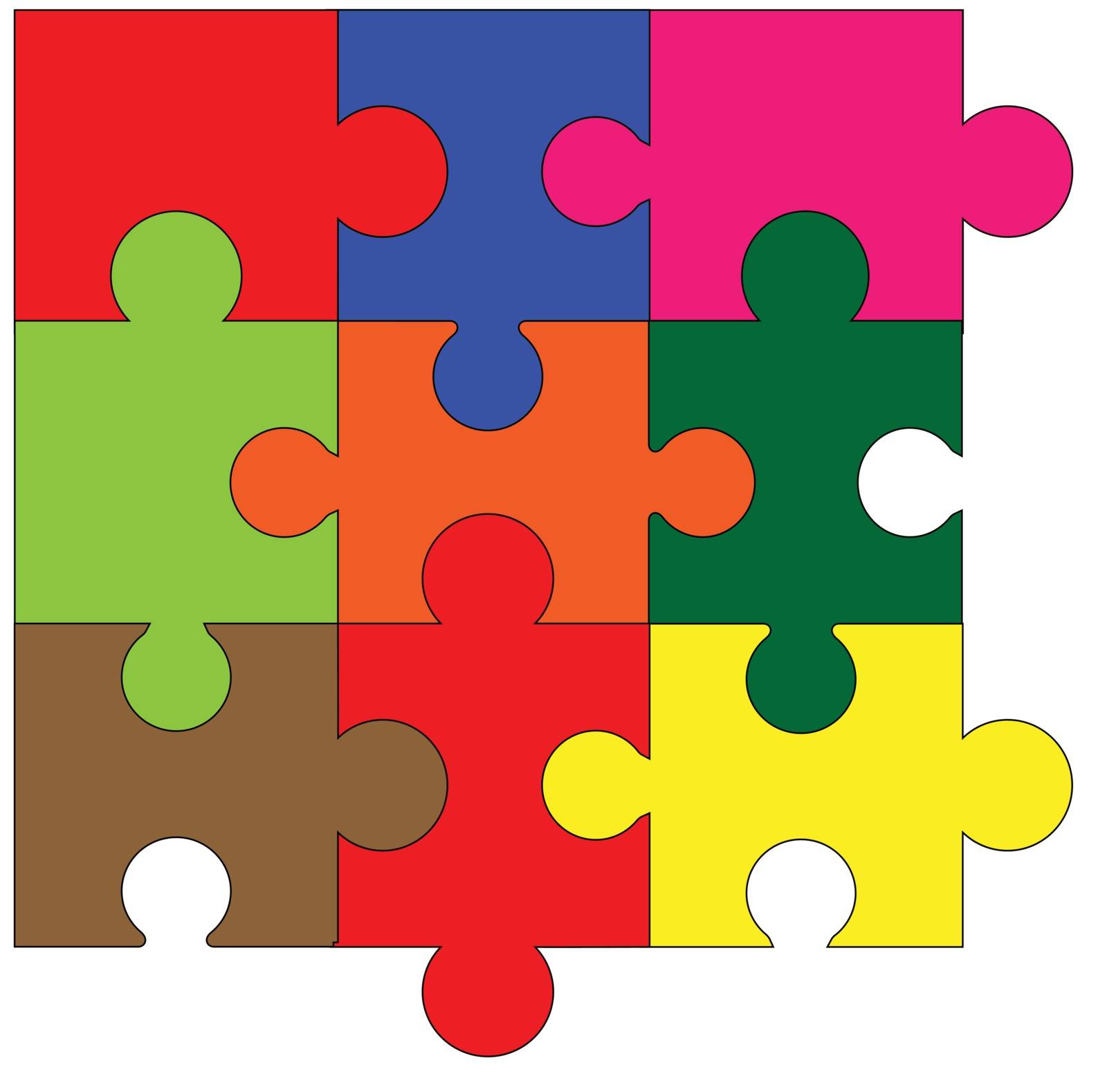 A multi coloured jigsaw set corner pieces over a white background