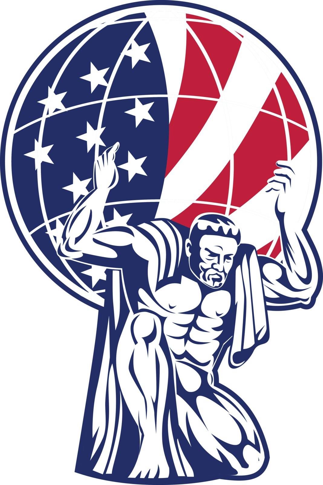 Icon retro style illustration of Atlas, a Titan carrying a globe with American United States of America USA star spangled banner or stars and stripes flag inside circle isolated background.