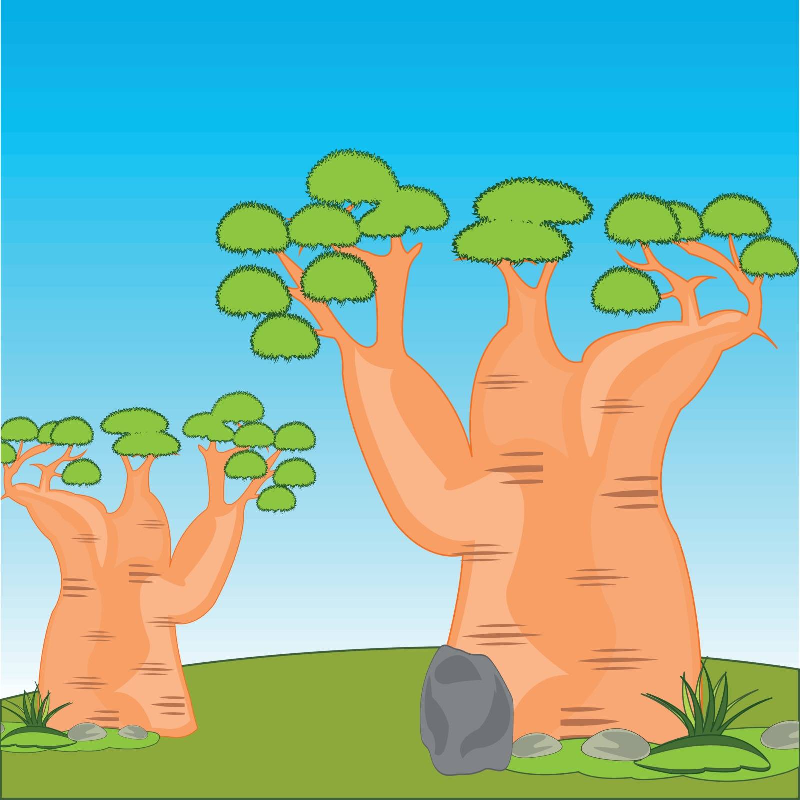 Vector illustration of the cartoon of the landscape with exotic bottled tree
