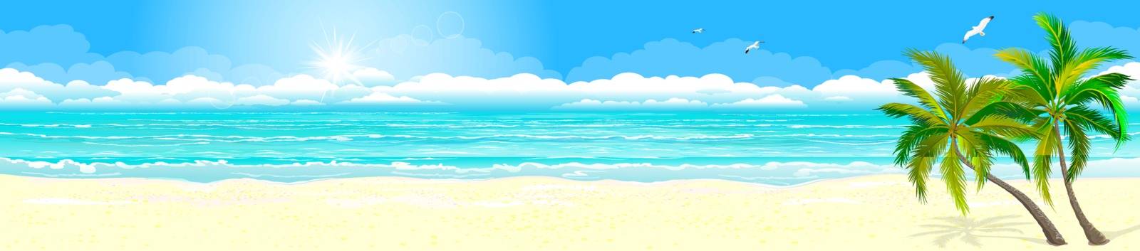 Panorama of a tropical sandy beach. Ocean coast. Landscape of the tropical coast. Sea shore landscape. Ocean, sky, sun and sand.