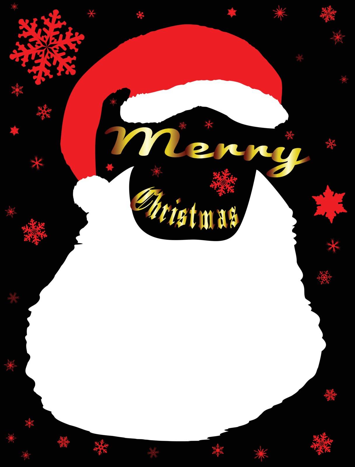 A Father Christmas red hat and beard set on a black background with snowflakes and merry Christmas text
