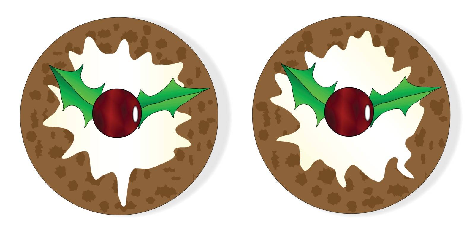 Two Christmas plum puddings with cream and isolated on a white background