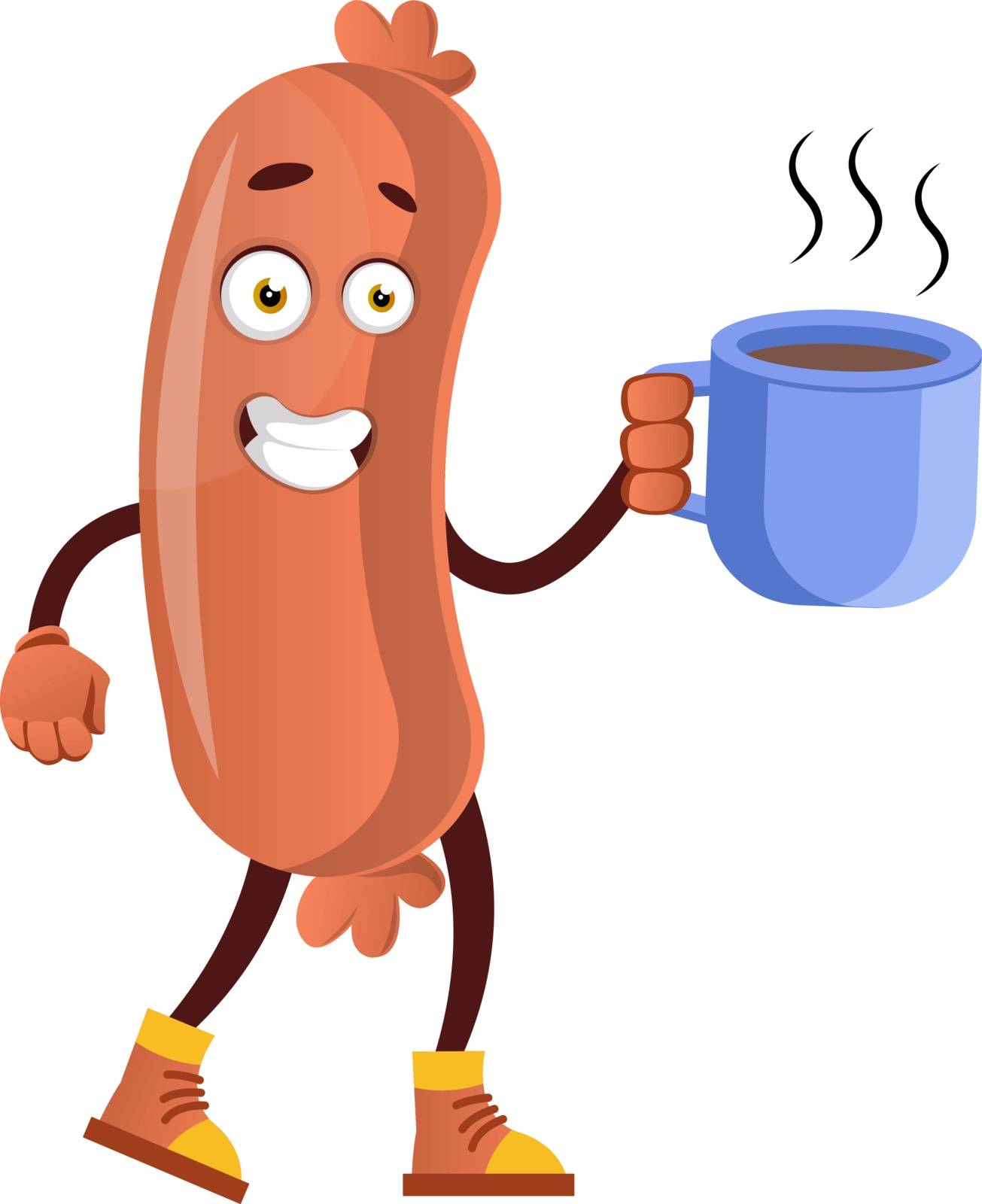 Sausage with coffee, illustration, vector on white background.