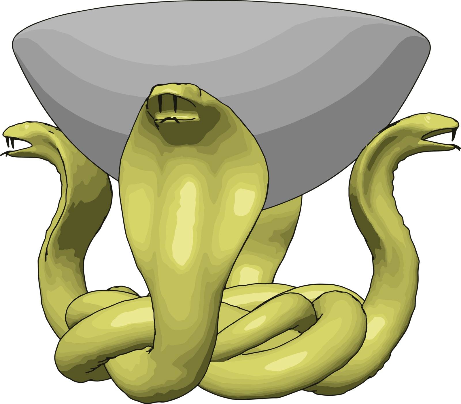 Yellow snakes holding bowl, illustration, vector on white backgr by Morphart