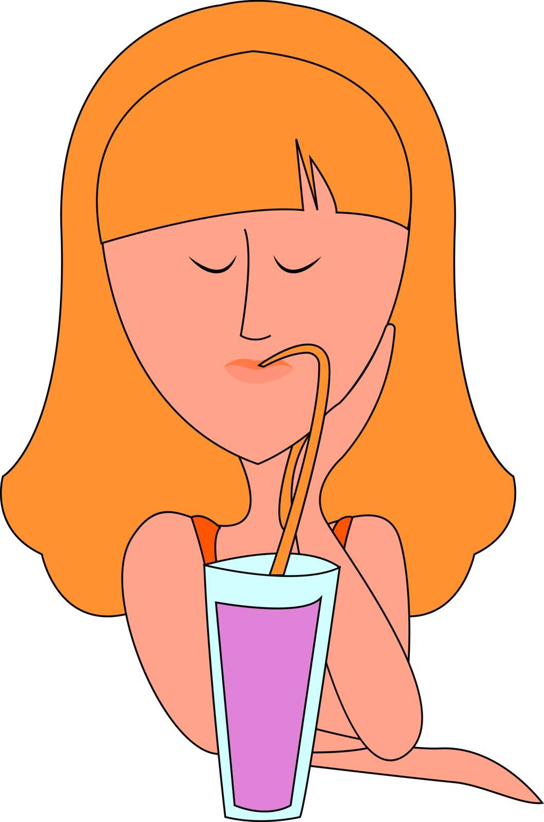 Girl drinking juice, illustration, vector on white background. by Morphart