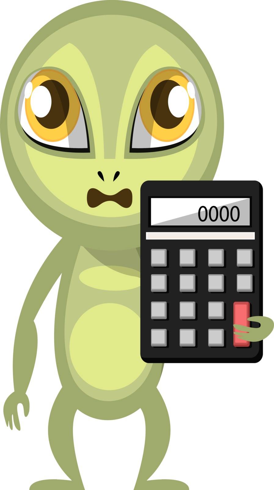 Alien holding calculator, illustration, vector on white background.