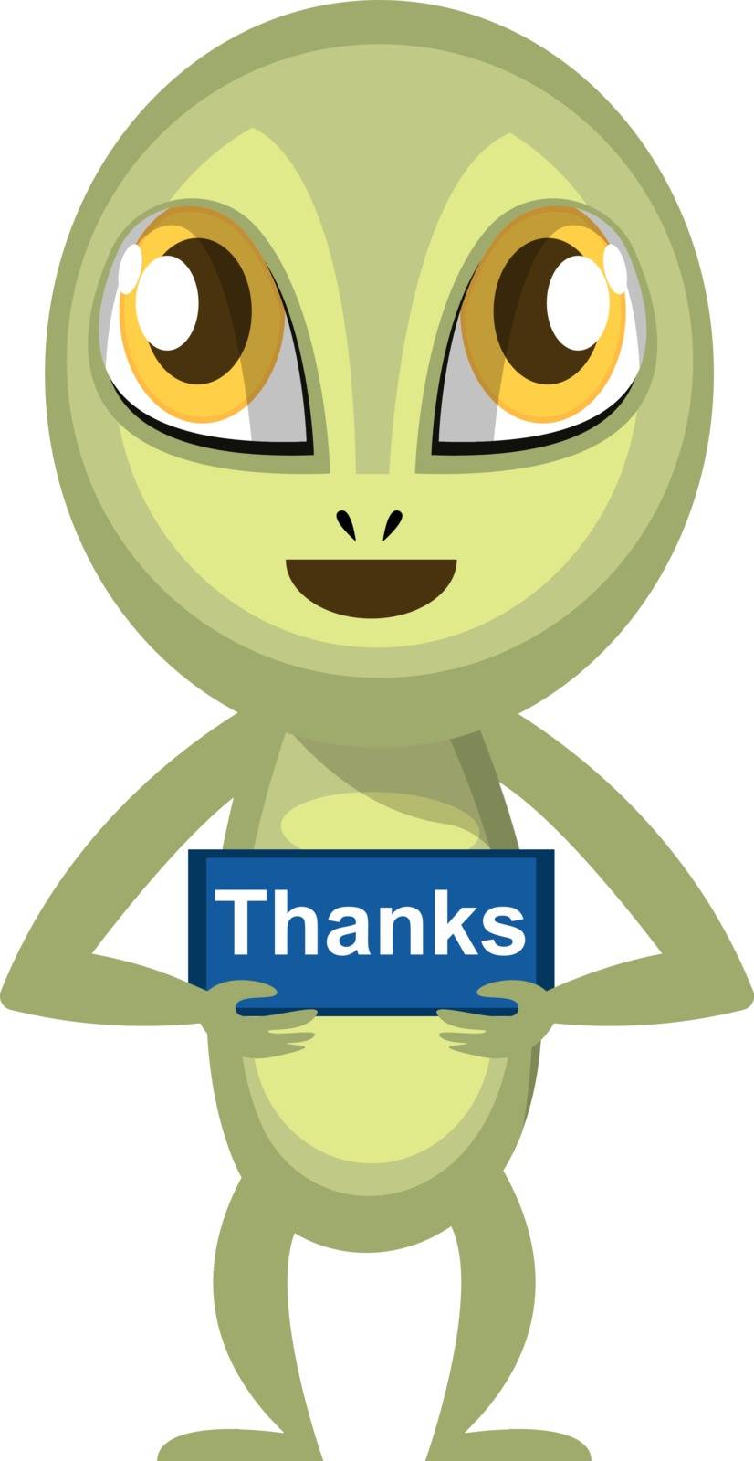 Alien with thank you sign, illustration, vector on white background.