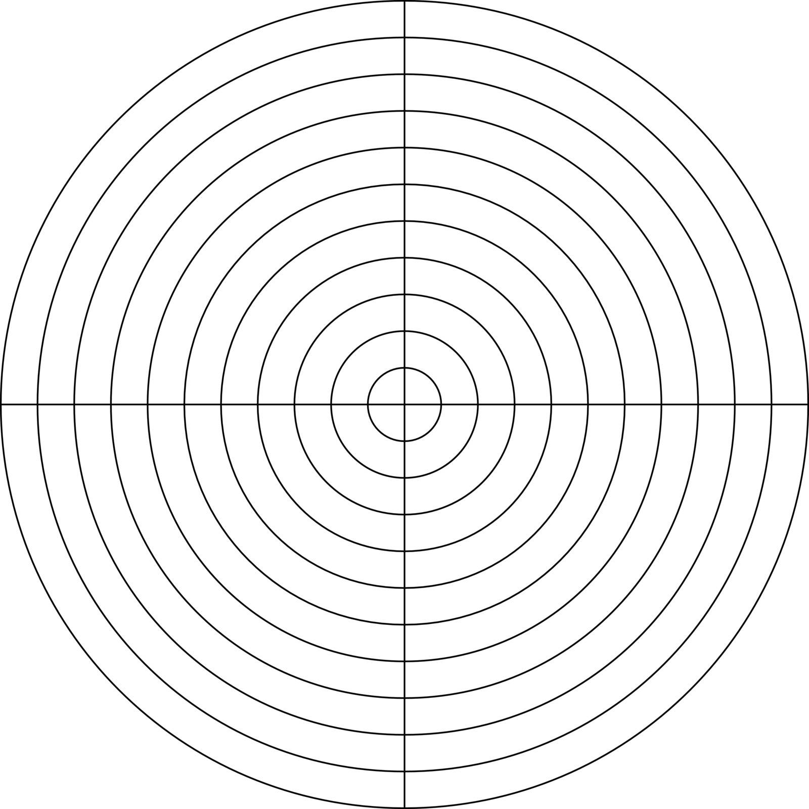 Polar grid of 10 concentric circles and 90 degrees steps. Blank vector polar graph paper.