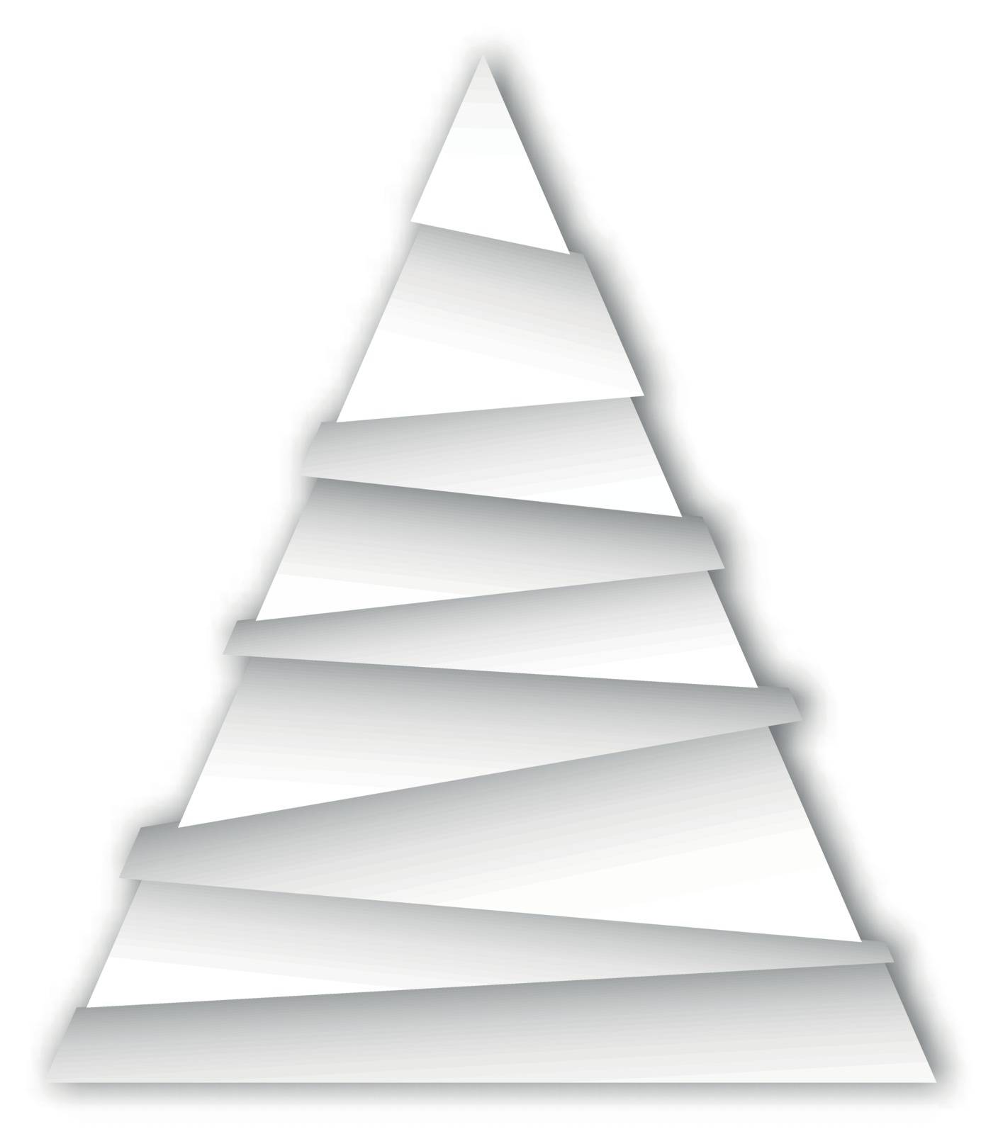 Christmas tree of white layered triangles on white background. 3D vector illustration with dropped shadow.
