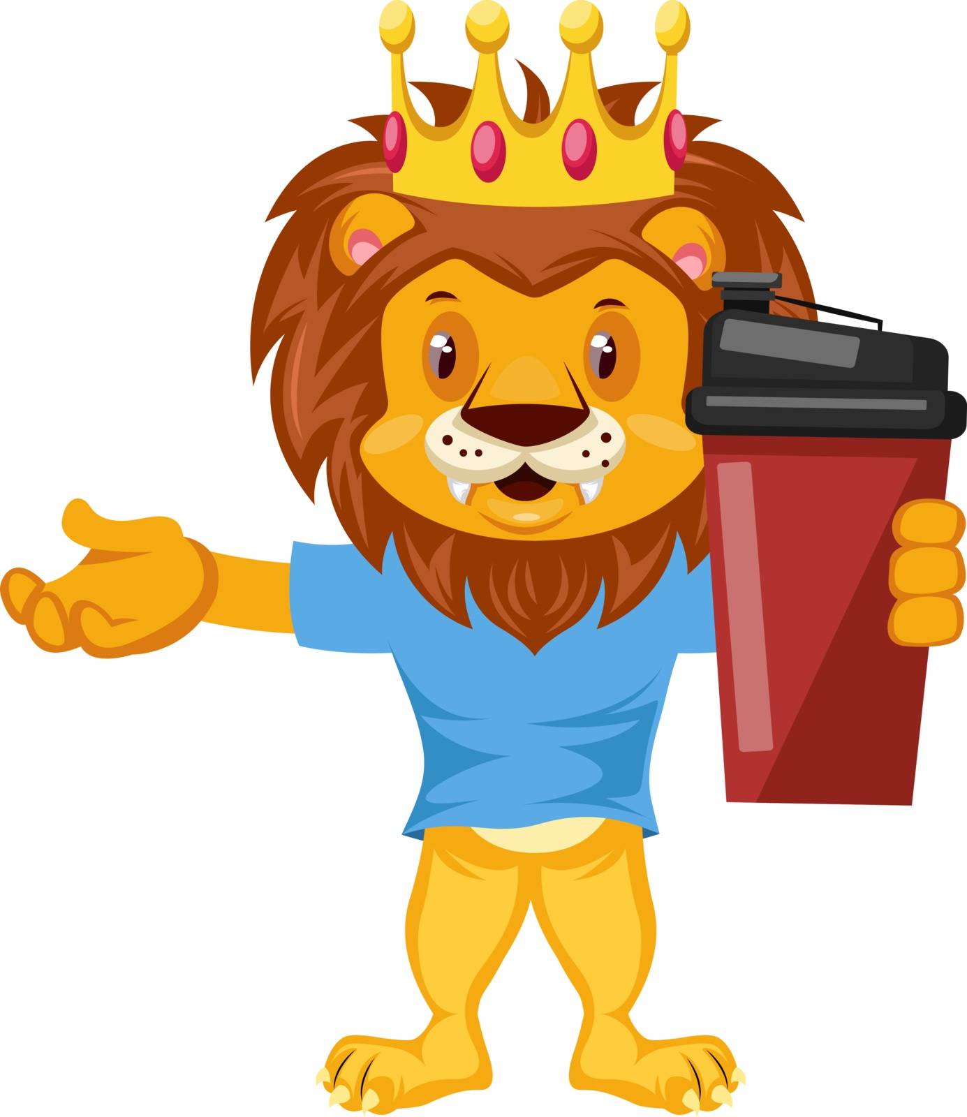 Lion with thermos, illustration, vector on white background.