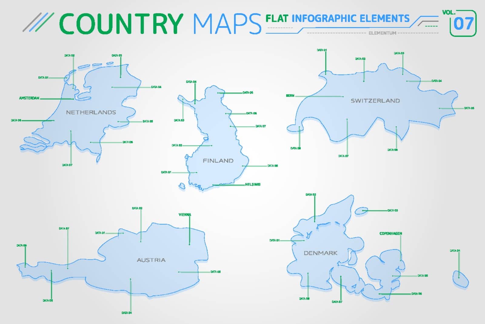 Netherlands, Switzerland, Finland, Austria and Denmark Vector Maps by ConceptCafe