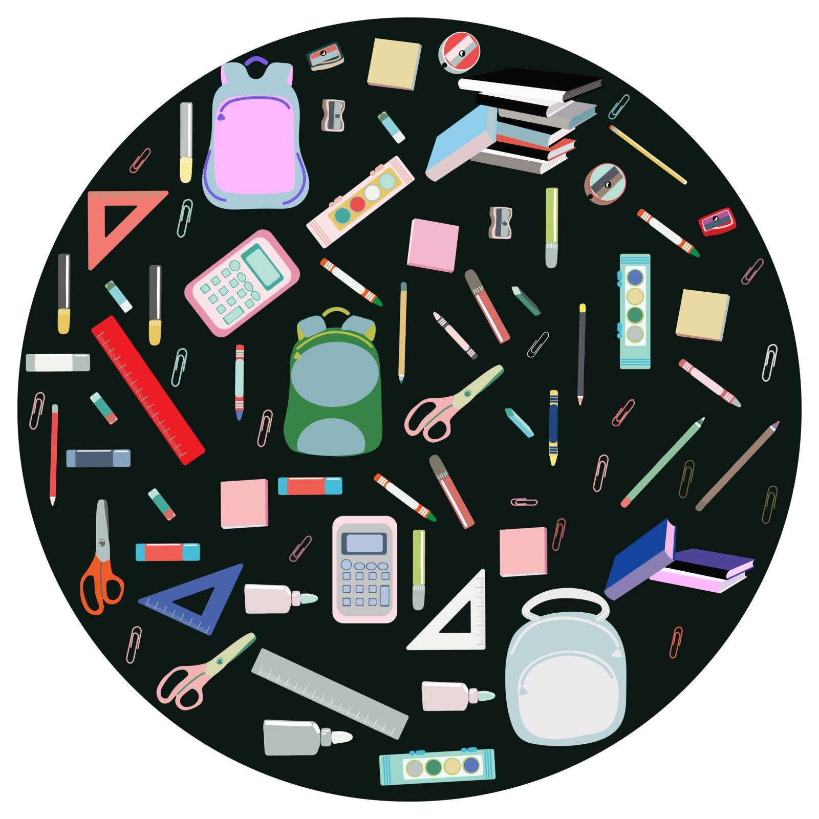 Back to school concept, flat design. Bright colors backpack, paints, crayons, pencils and school supplies in round shape on black circle. 