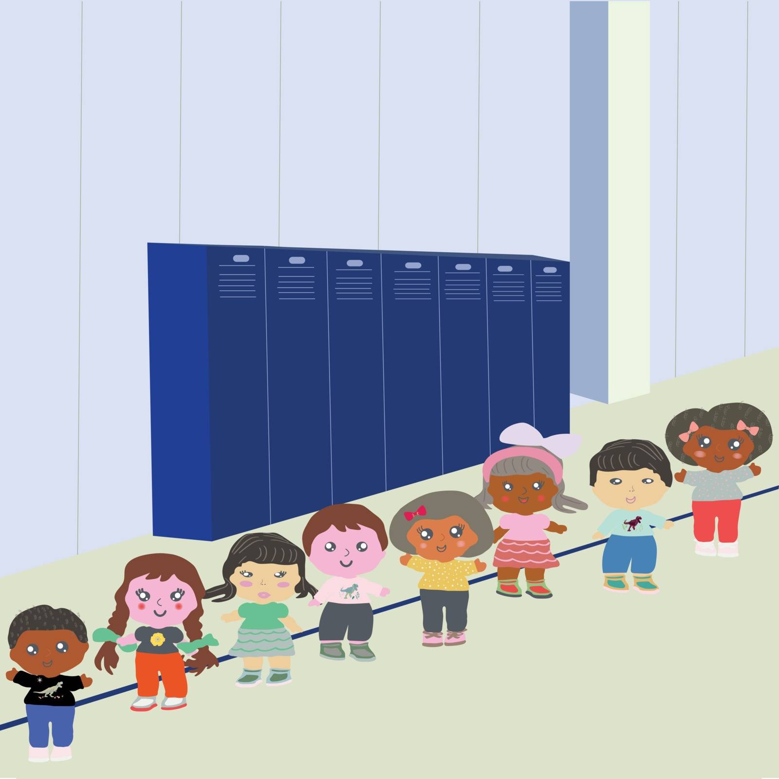 Happy kids walking in line school hallway. Blue school cabinets  by Nata_Prando