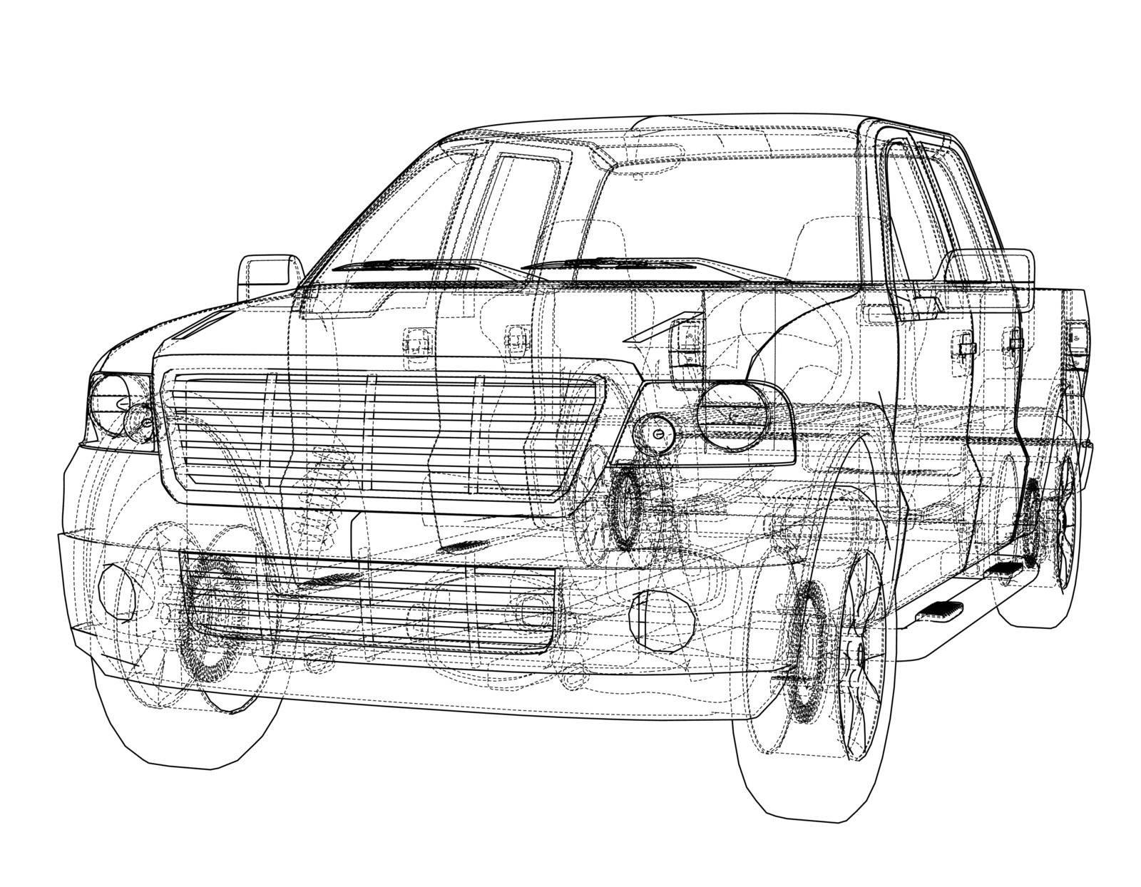 Car SUV drawing outline. Vector rendering. The layers of visible and invisible lines are separated