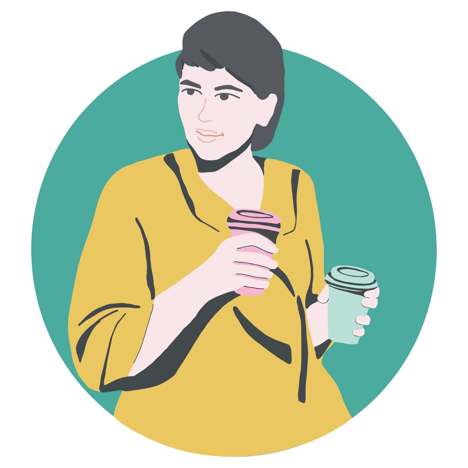 Happy girl holding two coffee cups. Illustration