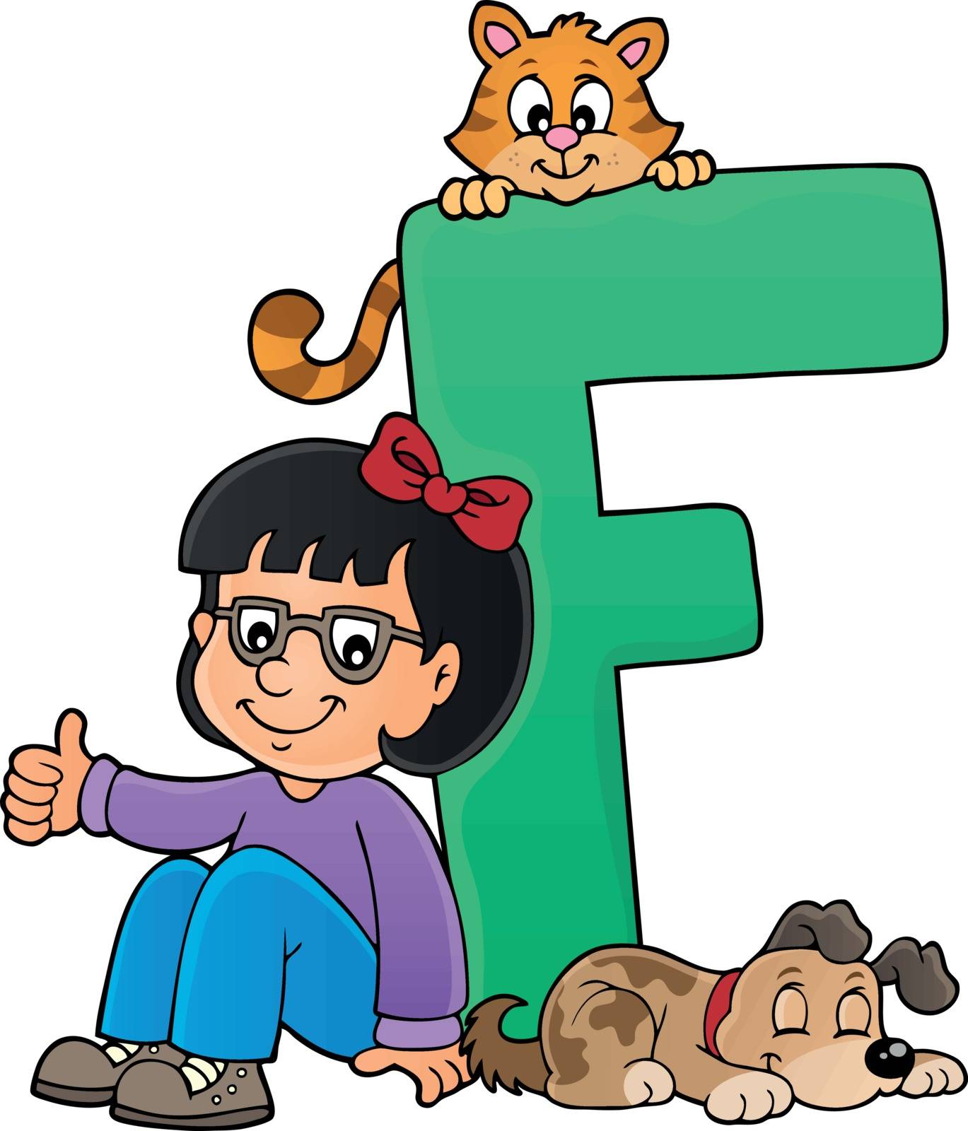 Girl and pets with letter F by clairev