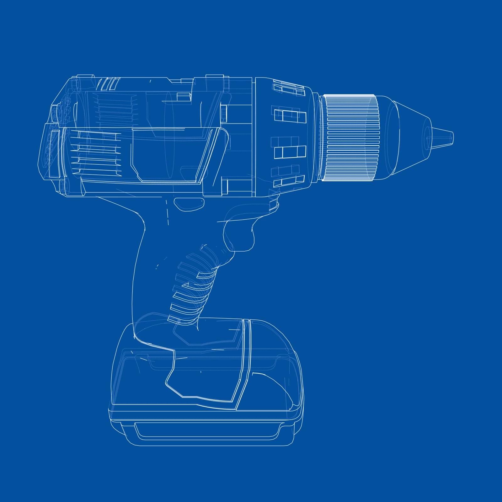 Electric cordless screwdriver. Vector rendering of 3d. Wire-frame style. The layers of visible and invisible lines are separated