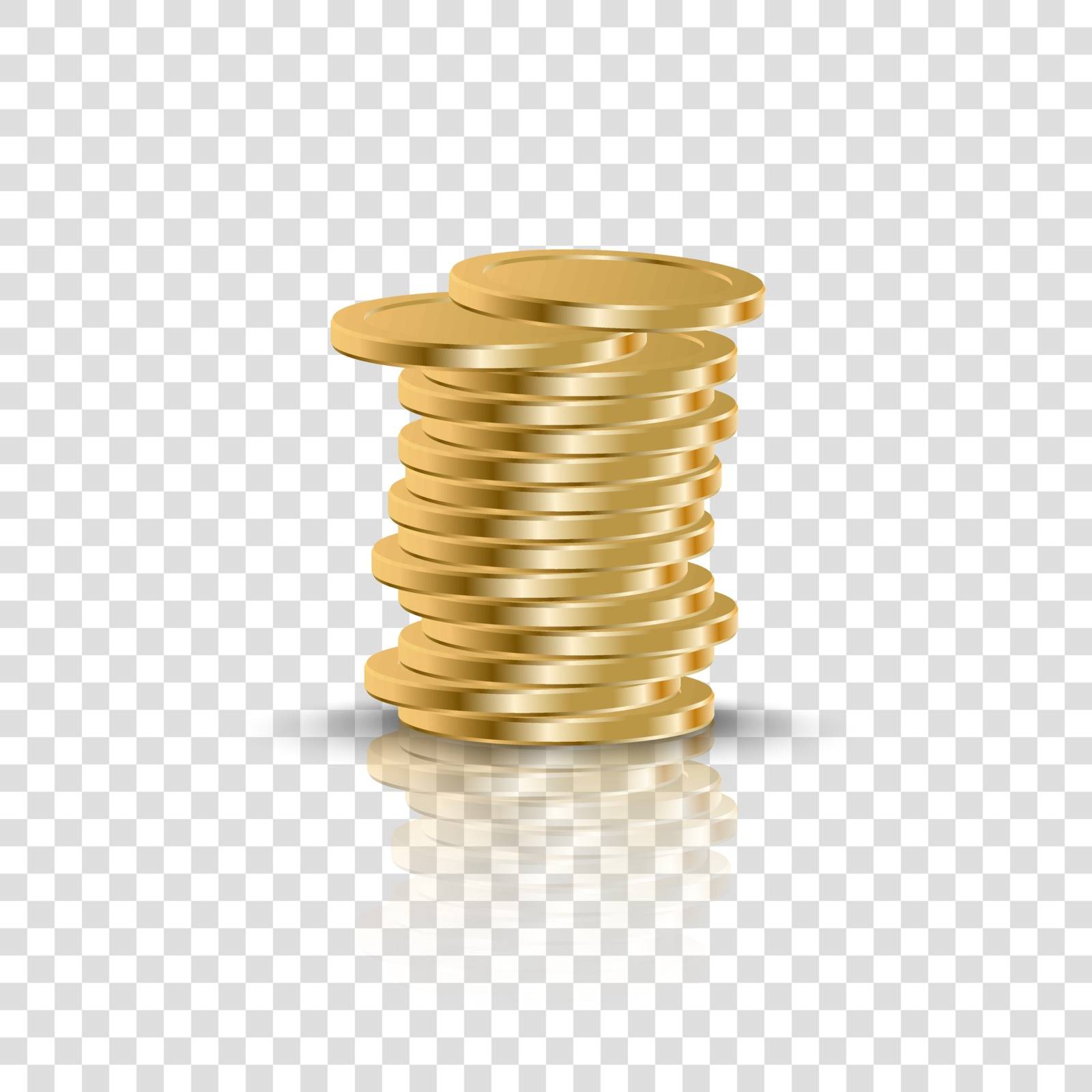 Realistic golden coins stack on transparent background. 3D coin money stacked, gold penny cash pile.