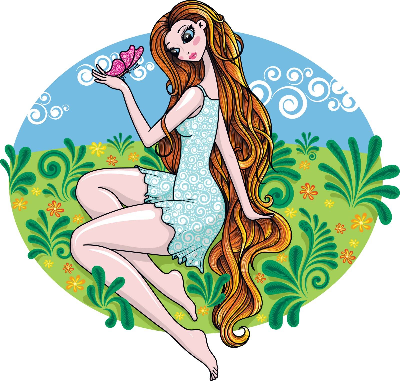 Beautiful girl in a clearing with a butterfly on her hand. Vecor illustration