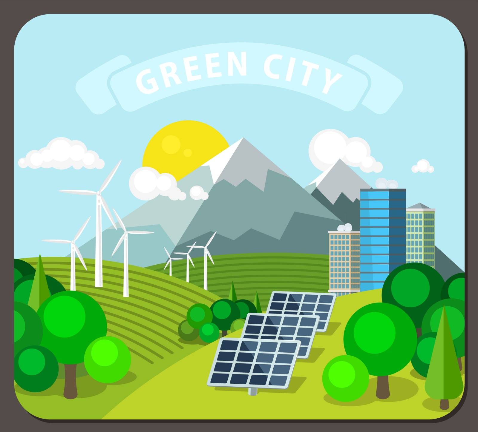 Alternative energy vector illustration. Landscape with solar and wind power stations on the background of mountains, forests and the modern city.