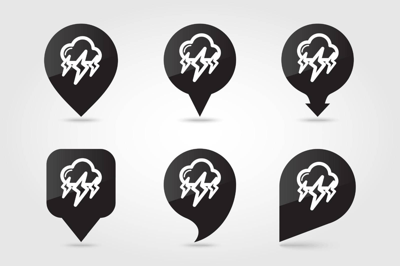 Storm Cloud Lightning outline pin map icon. Map pointer. Map markers. Meteorology. Weather. Vector illustration eps 10