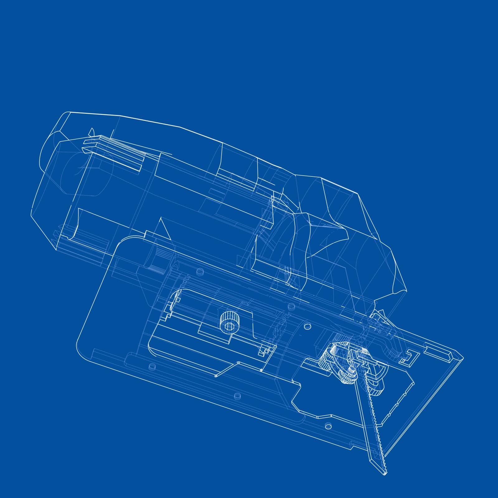 Outline Jig saw. Vector image rendered from 3d model in sketch style or drawing. Blue background