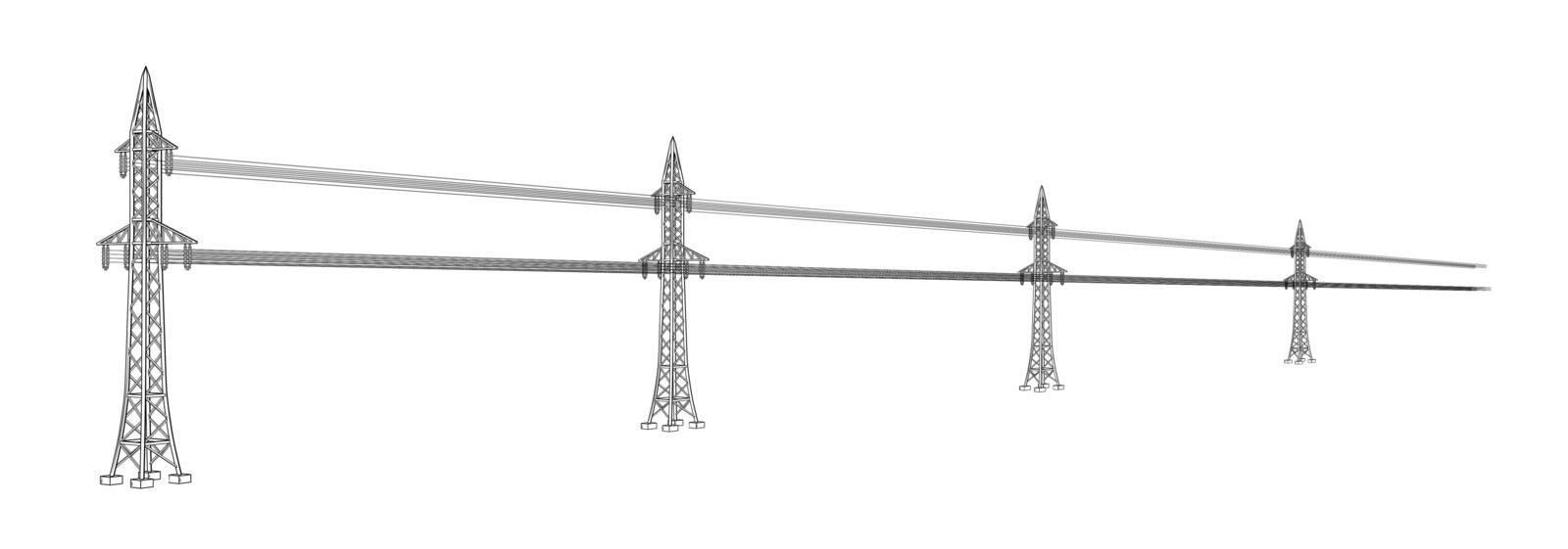 High voltage power lines. High voltage pylons connected with wires.  Black outline illustration on white background. Sketch.