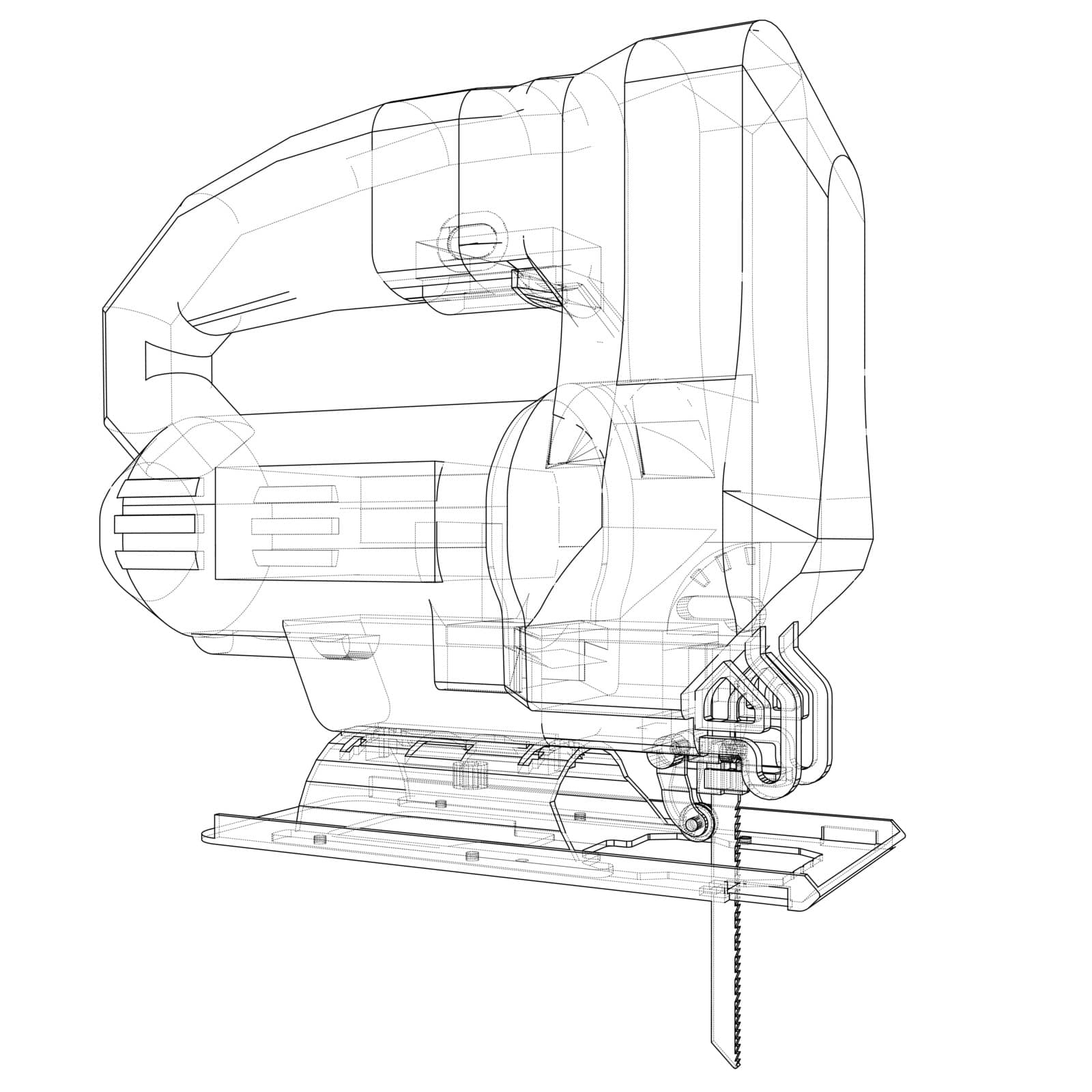 Outline Jig saw. Vector image rendered from 3d model in sketch style or drawing. Blue background