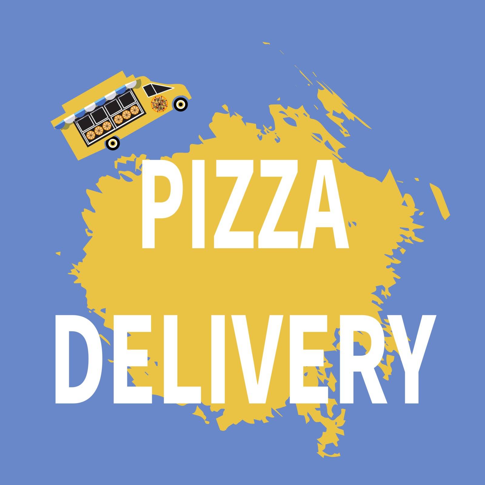 Pizza truck with sunshade over a shop window. Vector pizza wagon. Delivery service on a blue background. Flat illustration. Theme for web, site, advertisement, banner, poster, blackboard and print.