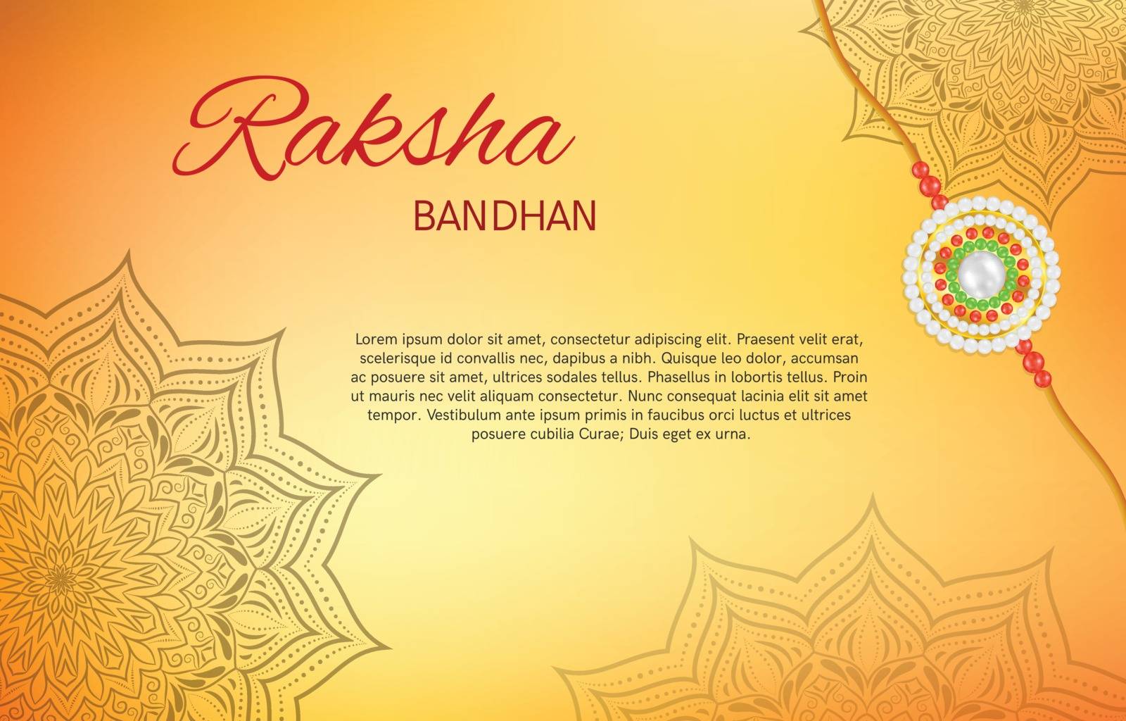 Raksha Bandhan indian holiday design with handwritten text. Rakhi in the corner with pearls decoration. Mandala on yellow and orange gradient background.