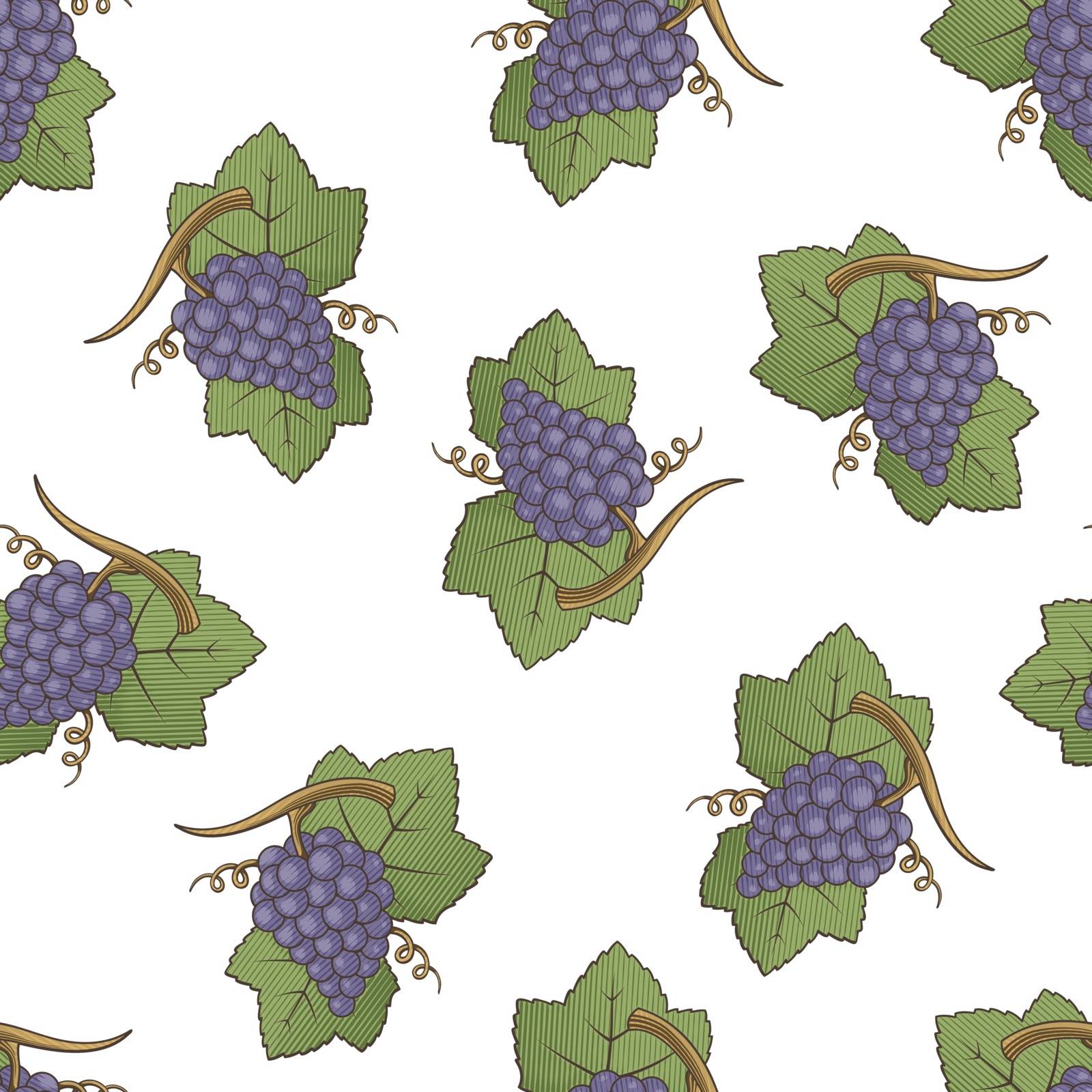 Purple grapes with leaves colored illustration seamless pattern background with engraving shading.