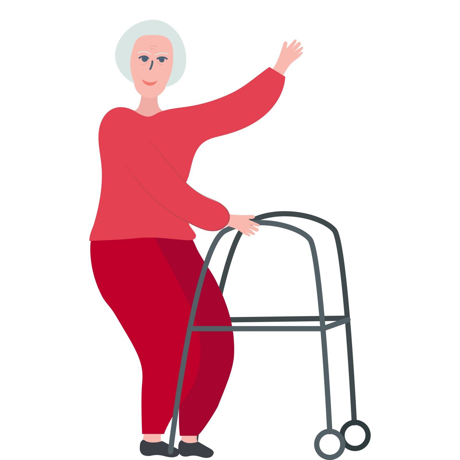 Elderly Lady with Walker isolated on white background. Old people lifestyle concept. Flat cartoon style. Vector illustration.